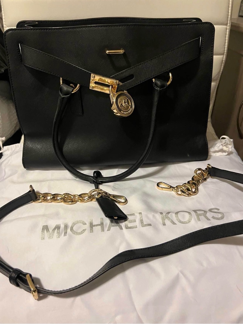 Michael Kors Black Leather Satchel with Gold Accents and Chain Strap- no wear